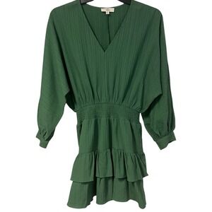 Entro Green Textured V-Neck Smocked Waist Tiered Ruffle Mini Dress Womens Size M